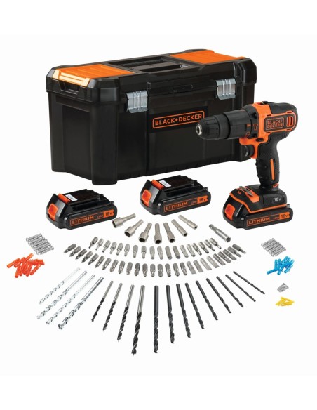Taladro percutor 18V 1.5Ah Litio con 3 bater├¡as, cargador r├ípido, 120 accesorios y caja de herramientas