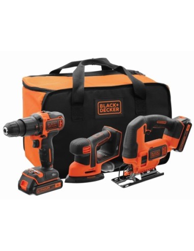 Conjunto Herramientas 18V: Taladro Percutor 18V + Lijadora Mouse 18V + Sierra de Calar 18V